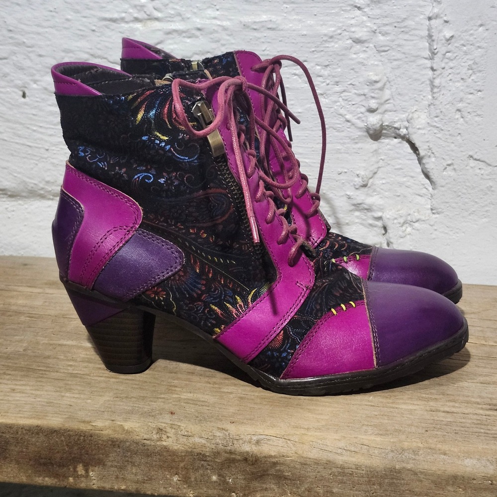 Womens Purple Magenta Leather Paisley Floral Ankle Boots Faux Fur Lined Size 39